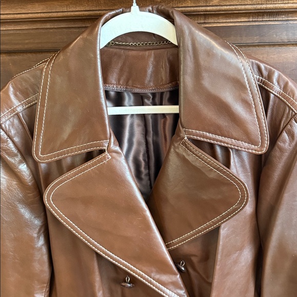 Vintage brown leather jacket coat statement lapel and stitching size 42 1970s - Picture 4 of 17